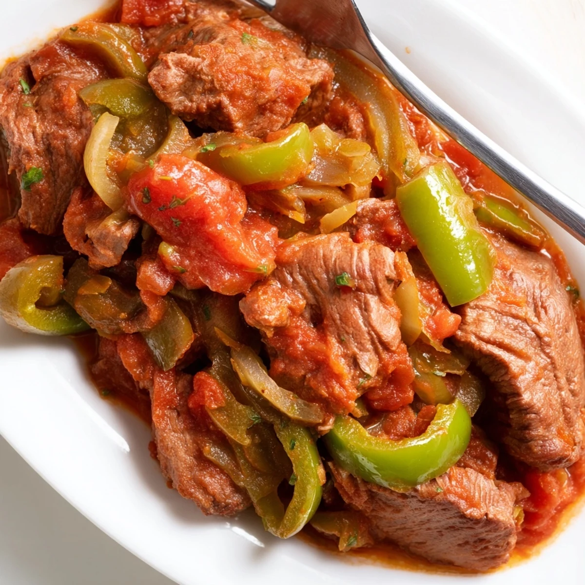 Tender Old Fashioned Swiss Steak with beef simmered in rich tomato sauce with onions and bell peppers