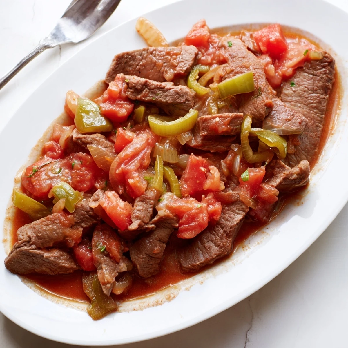 Golden brown braised Swiss Steak served over mashed potatoes with savory vegetable sauce and fresh herbs