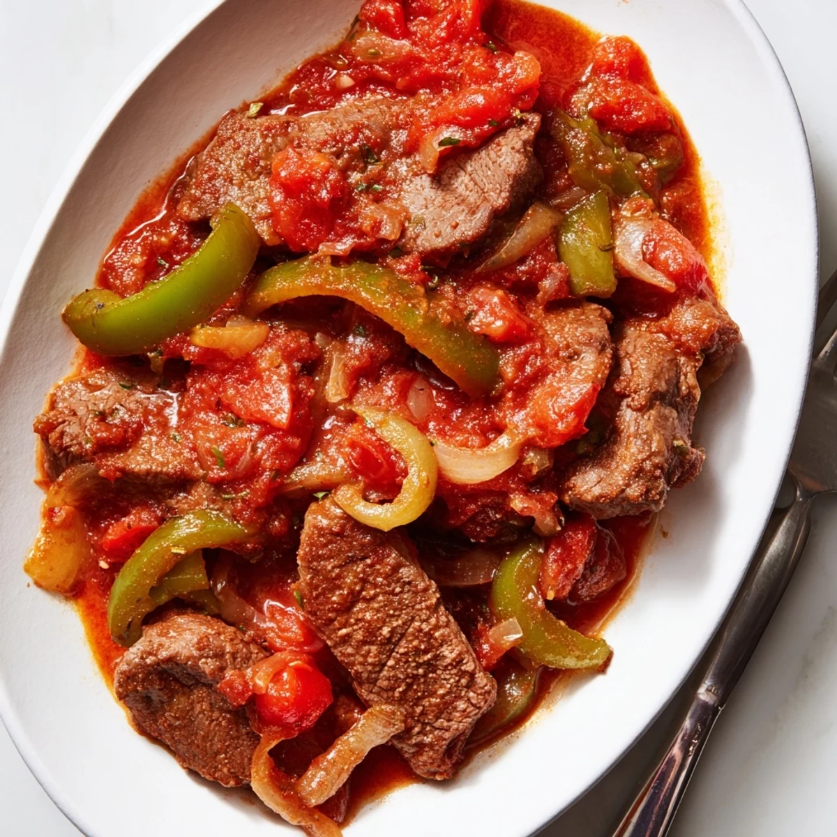 Slow-cooked Swiss Steak featuring melt-in-your-mouth beef in a hearty tomato broth with colorful vegetables