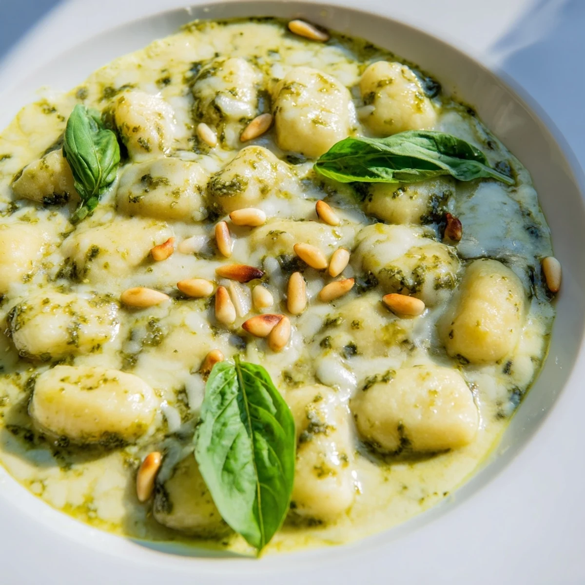 Golden potato gnocchi coated in vibrant basil pesto cream sauce with fresh basil garnish