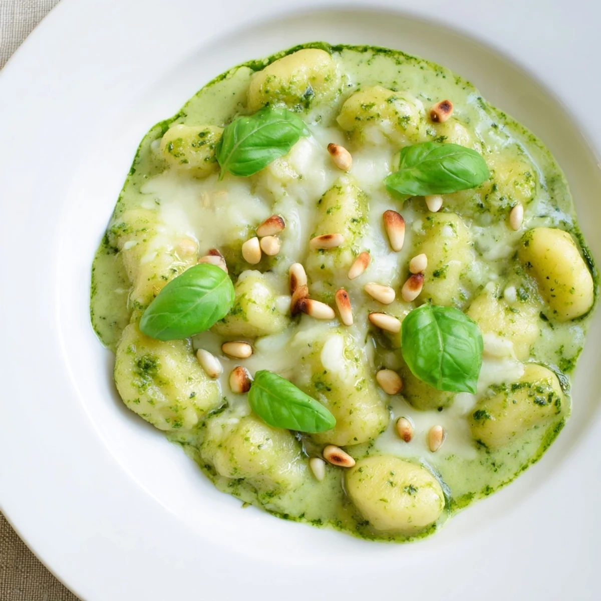 Creamy pesto gnocchi tossed in rich Parmesan sauce topped with toasted pine nuts and basil