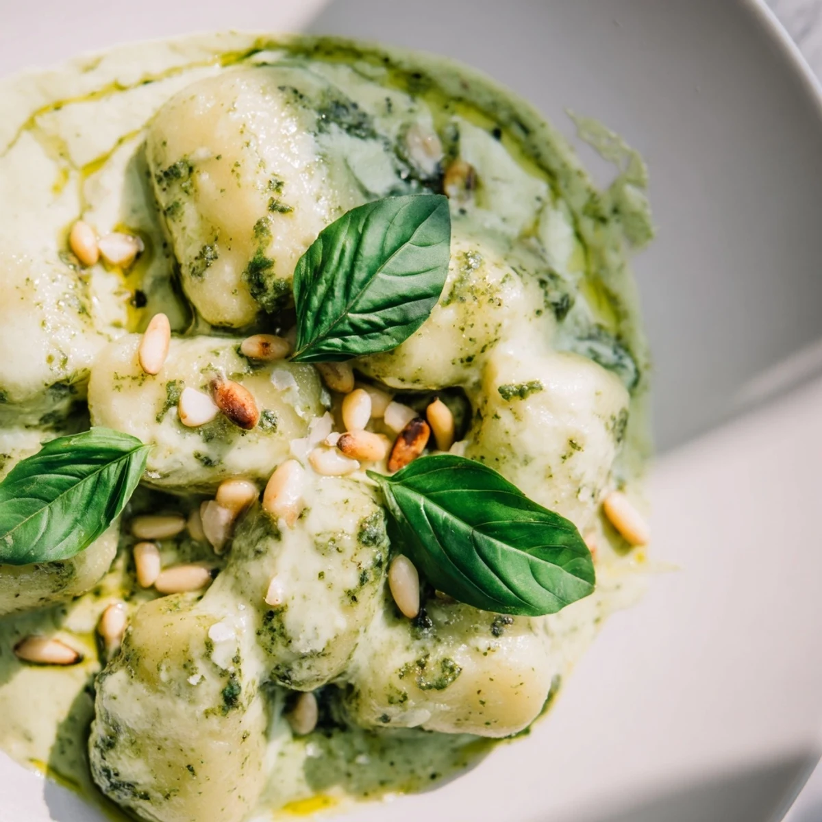 Pillowy gnocchi swimming in herbaceous green pesto cream with shaved Parmesan cheese and fresh leaves