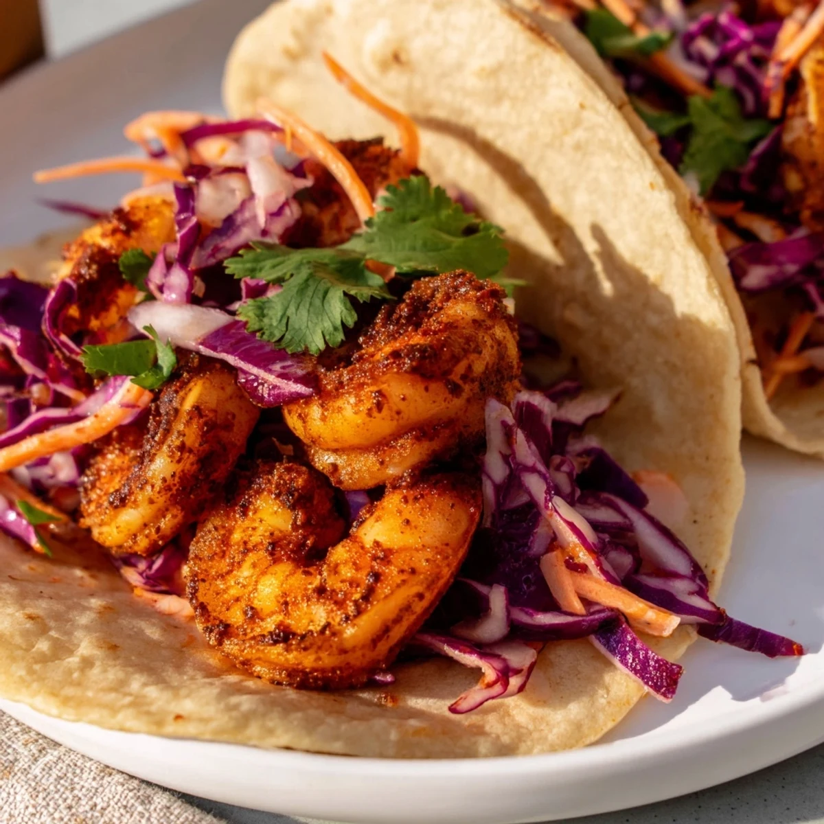 Warm corn tortillas stuffed with juicy seasoned shrimp and crisp tangy vegetable slaw