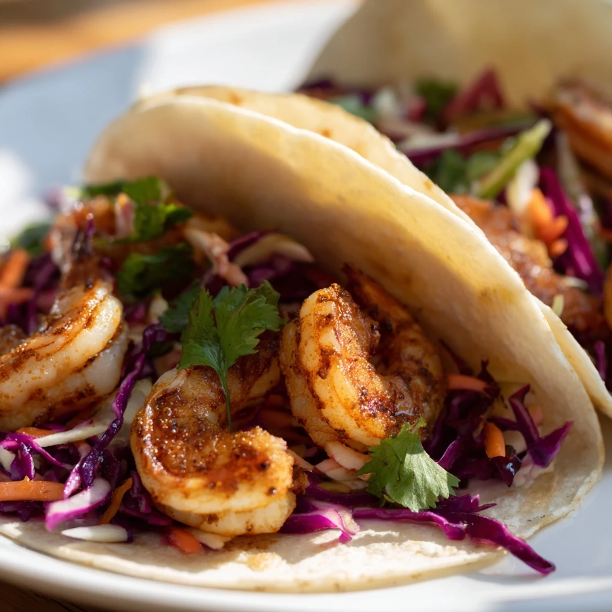 Golden spice-rubbed shrimp tacos topped with colorful purple cabbage slaw and fresh cilantro