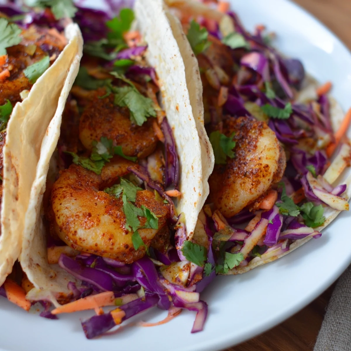 Homemade shrimp tacos with spicy pink shrimp piled high beside zesty lime-dressed coleslaw