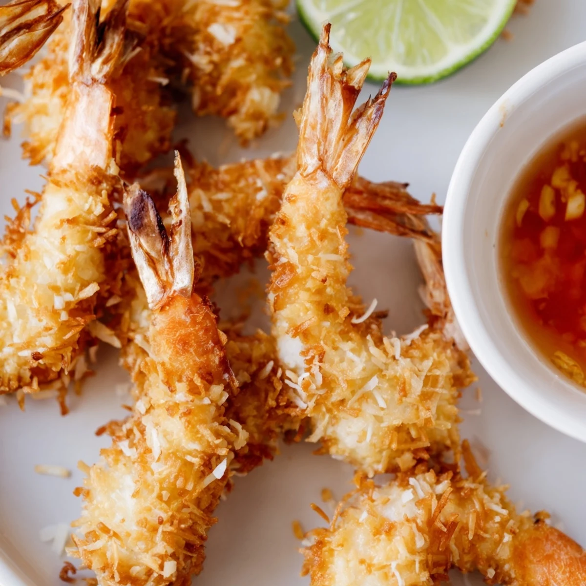 Golden fried coconut shrimp with crispy coconut breading served on white plate