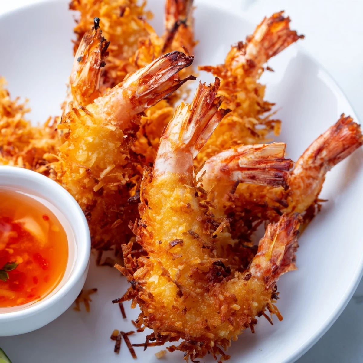 Tropical fried coconut shrimp appetizer golden brown with fluffy coconut coating visible