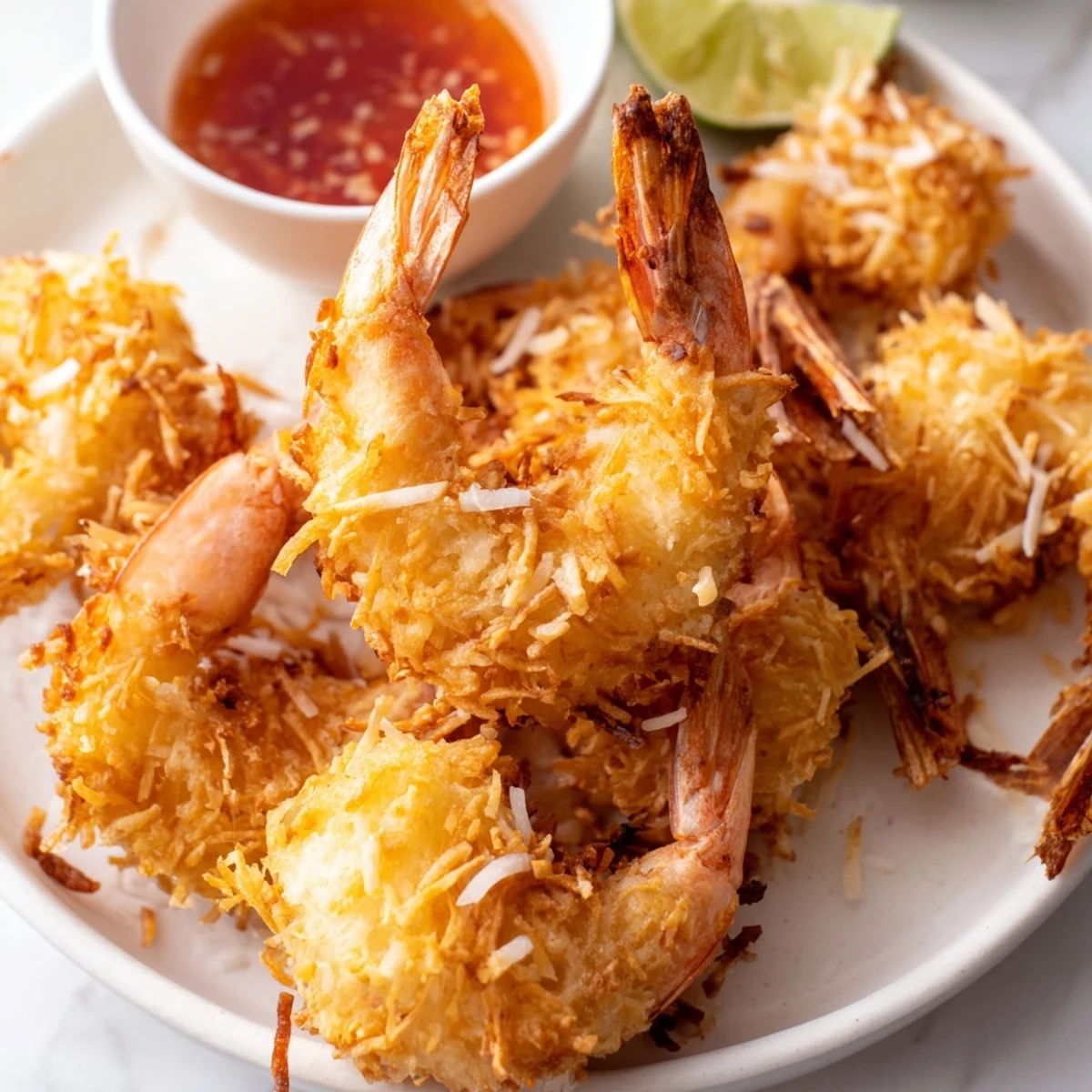 Crispy coconut shrimp plated with sweet chili dipping sauce and lime wedge