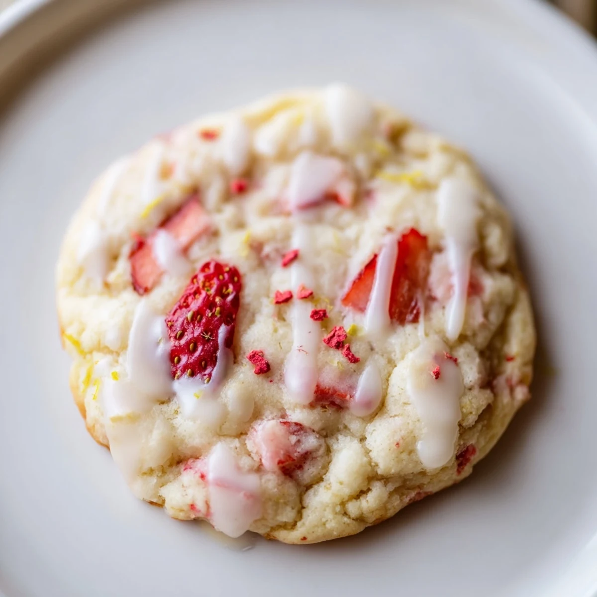 Fresh-baked Strawberry Lemonade Cookies studded with diced strawberries, cooling on rack  