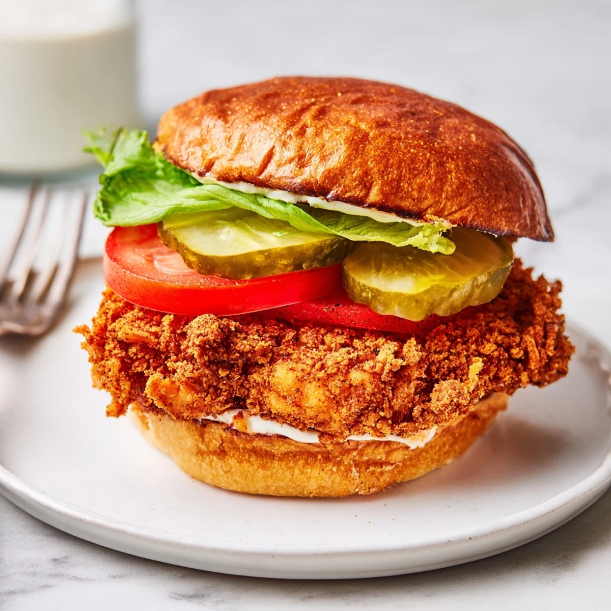 Cajun Crispy Chicken Sandwich with Garlic Aioli, crispy golden crust and toasted brioche