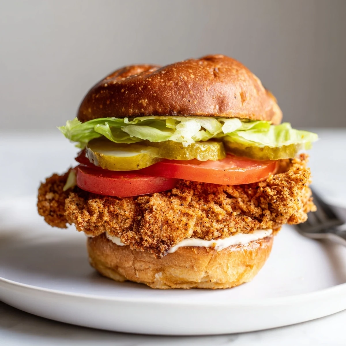 Spicy, crunchy Cajun Crispy Chicken Sandwich with Garlic Aioli served with fries