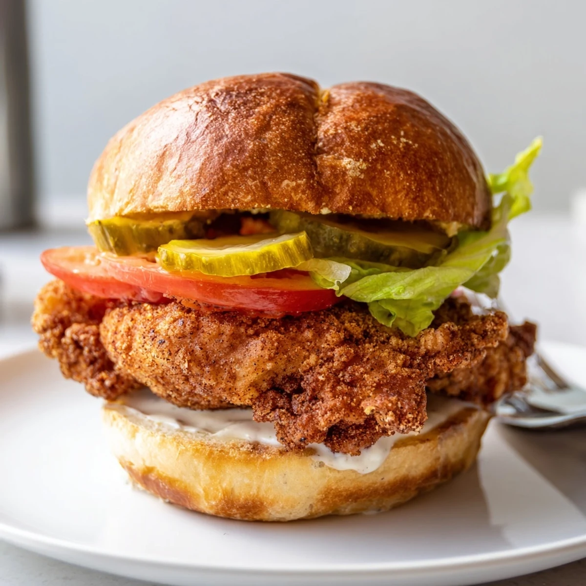 Close-up of Cajun Crispy Chicken Sandwich with Garlic Aioli, lettuce, juicy tomato