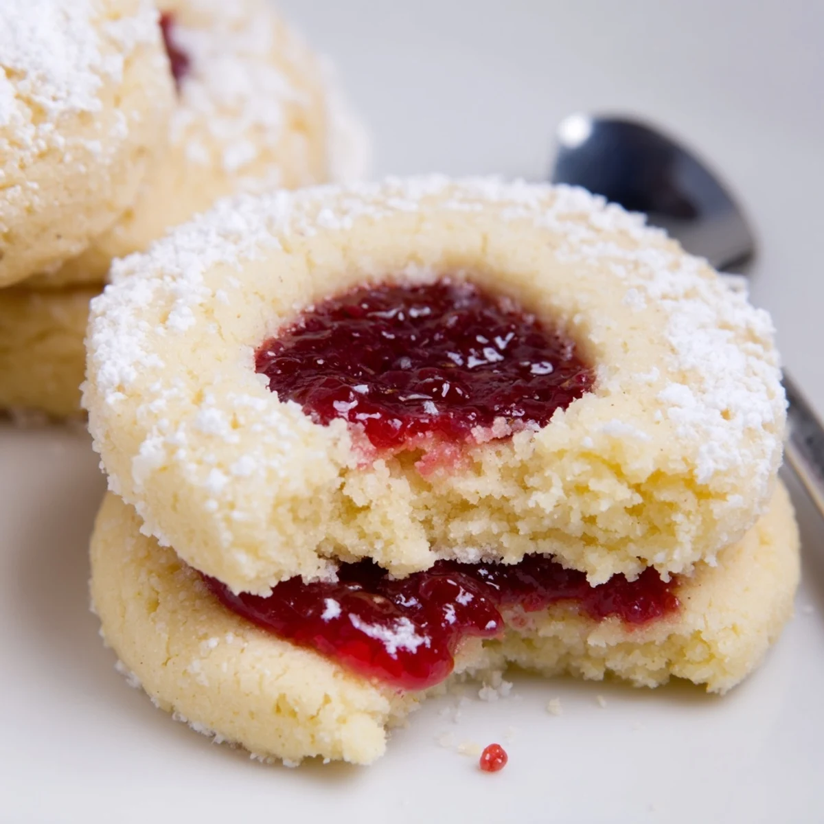 Raspberry Lemon Shortbread Cookies on a plate, buttery crumb, bright jam center