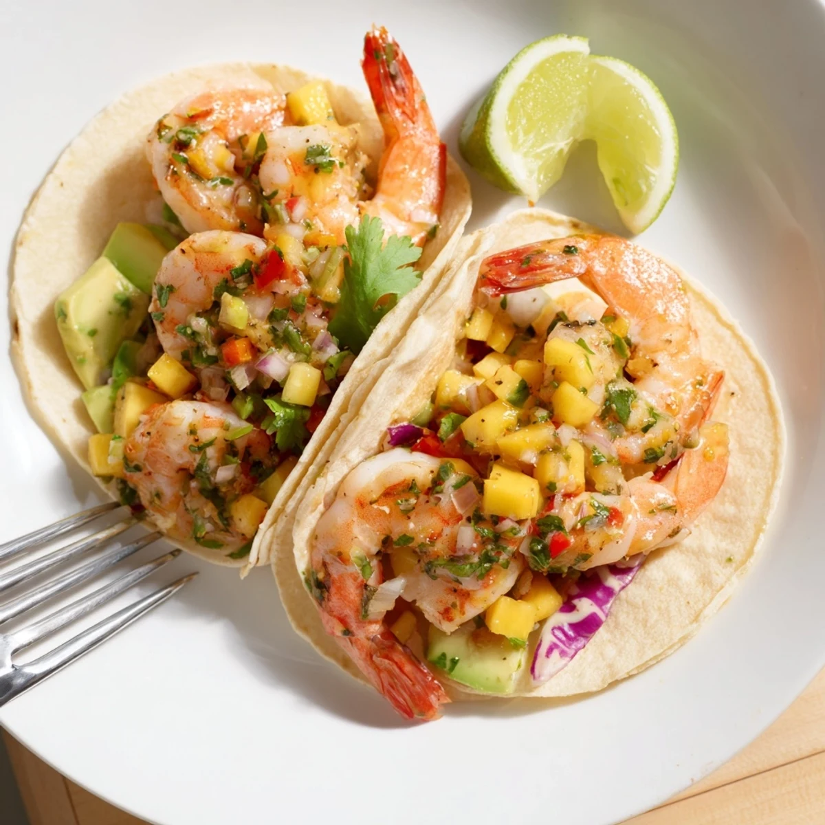 Bright Cilantro Lime Shrimp Tacos With Mango Salsa Recipe topped with zesty lime crema