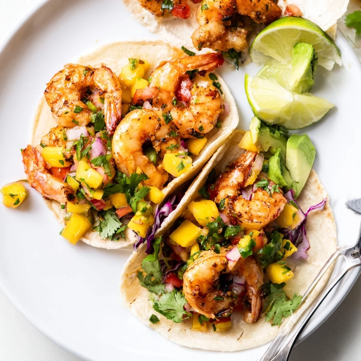 Cilantro Lime Shrimp Tacos With Mango Salsa Recipe juicy shrimp on warm corn tortillas