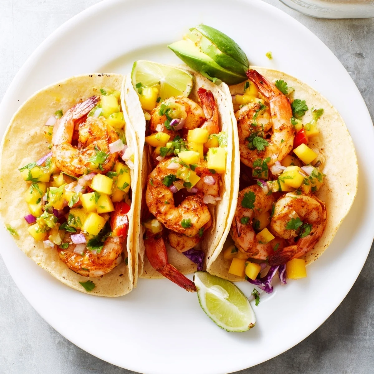 Pan-seared Cilantro Lime Shrimp Tacos With Mango Salsa Recipe garnished with fresh lime wedges