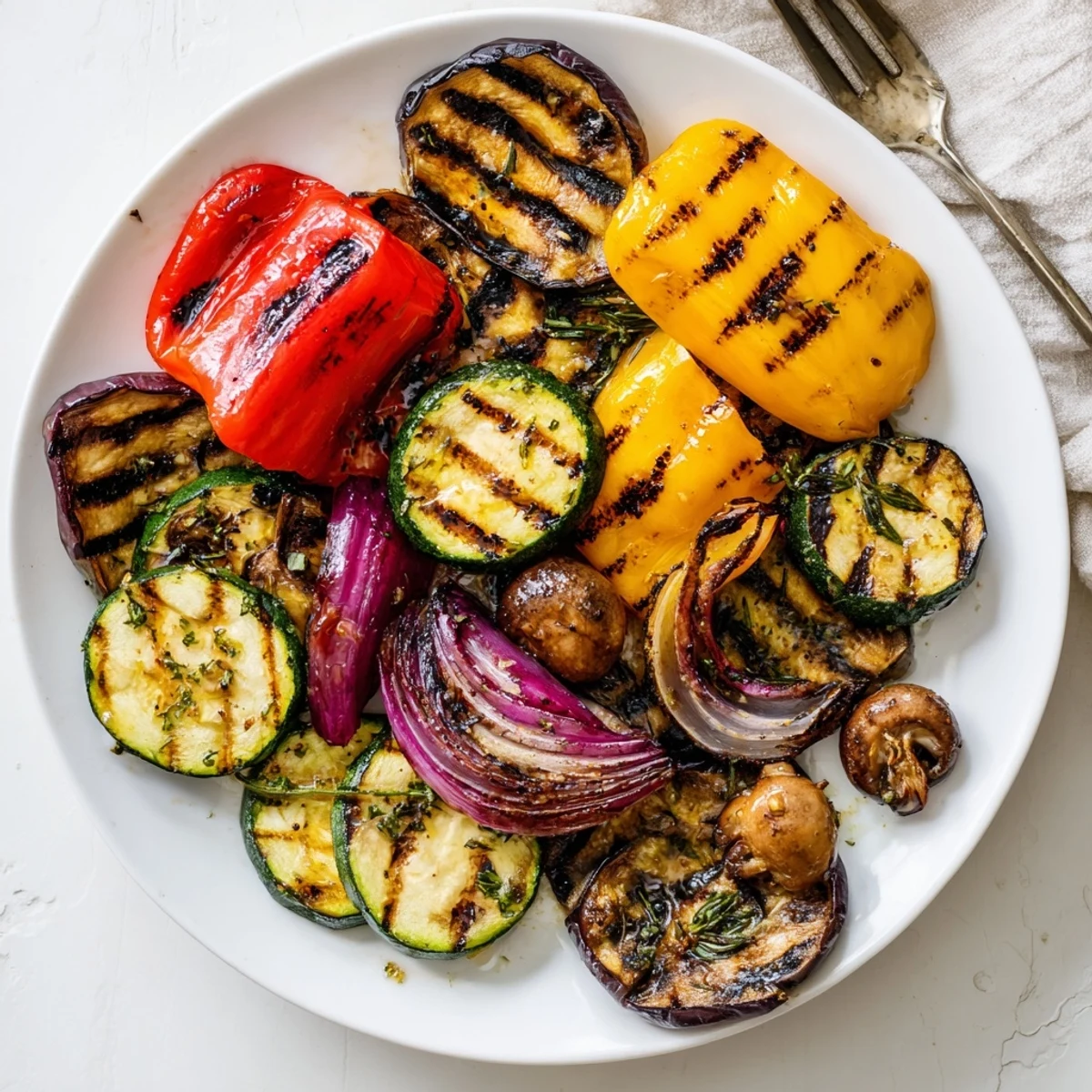 Grilled Vegetables drizzled with balsamic-herb marinade, warm and smoky