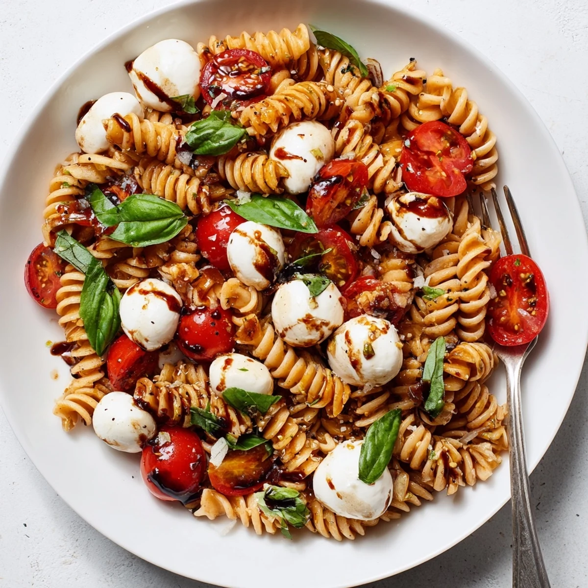 Cold Caprese Pasta Salad tossed in tangy balsamic dressing, picnic-ready