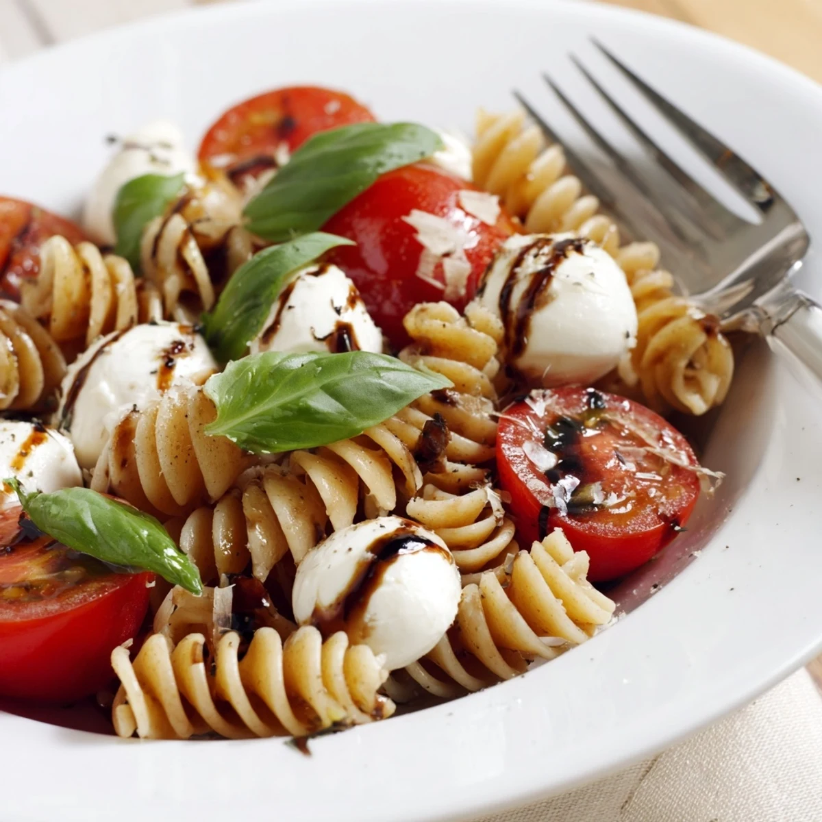 Caprese Pasta Salad with glossy cherry tomatoes, creamy mozzarella, basil, balsamic drizzle