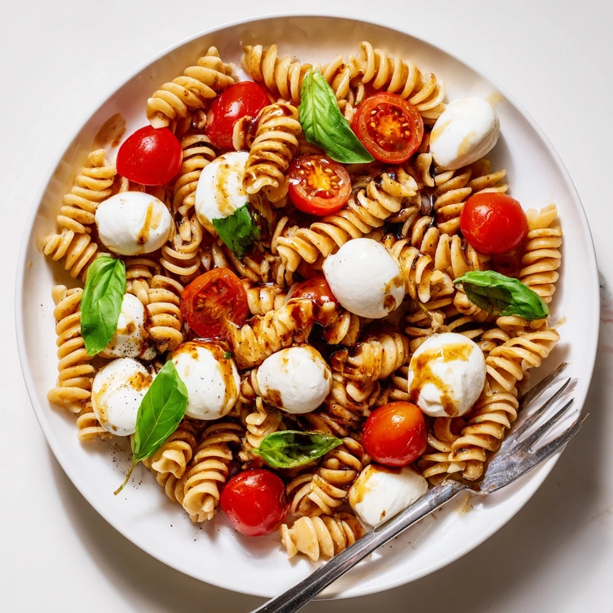 Homestyle Caprese Pasta Salad studded with basil, juicy tomatoes, chilled for summer