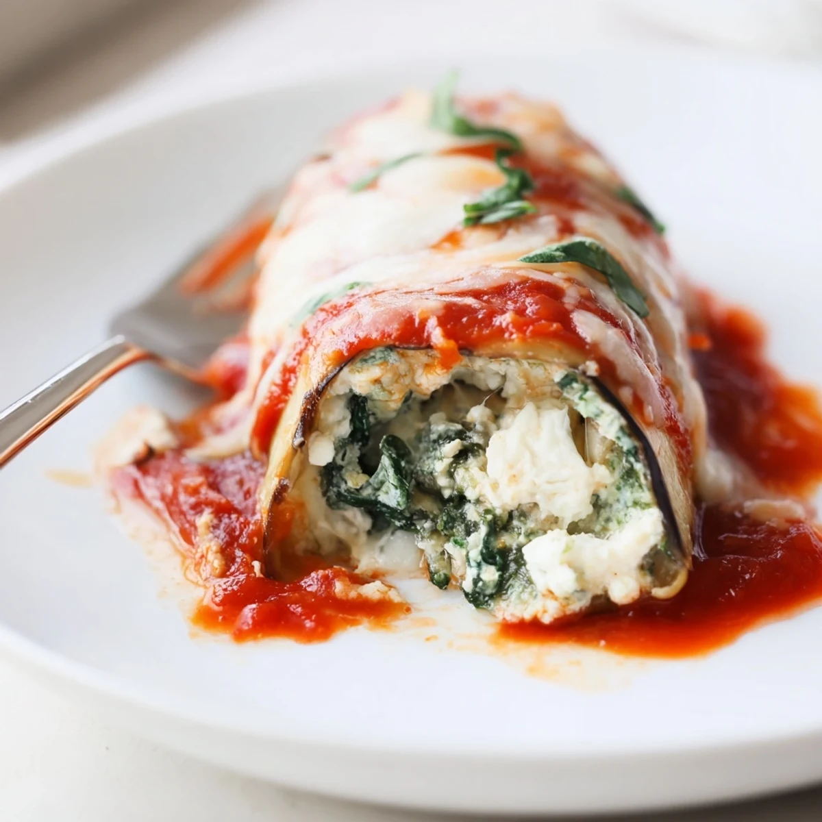 Warm, cheesy rolls of Healthy Eggplant Rollatini served with crisp salad and crusty bread