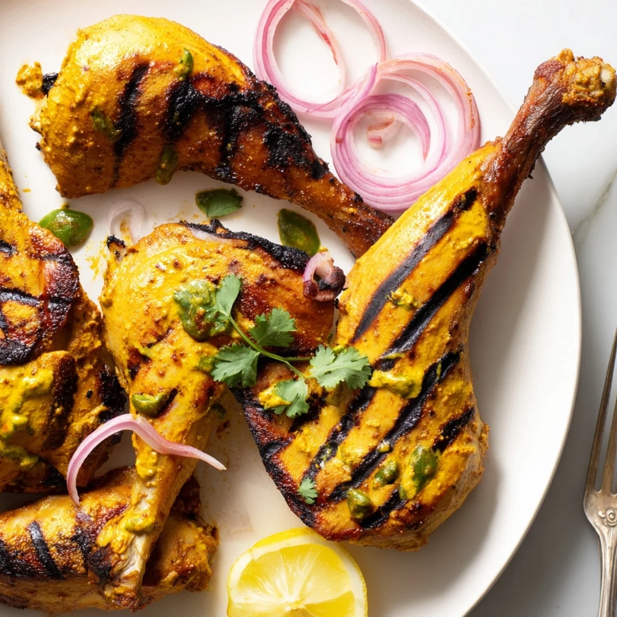 Grilled Spicy Tandoori Chicken with smoky char and juicy meat, lemon wedges