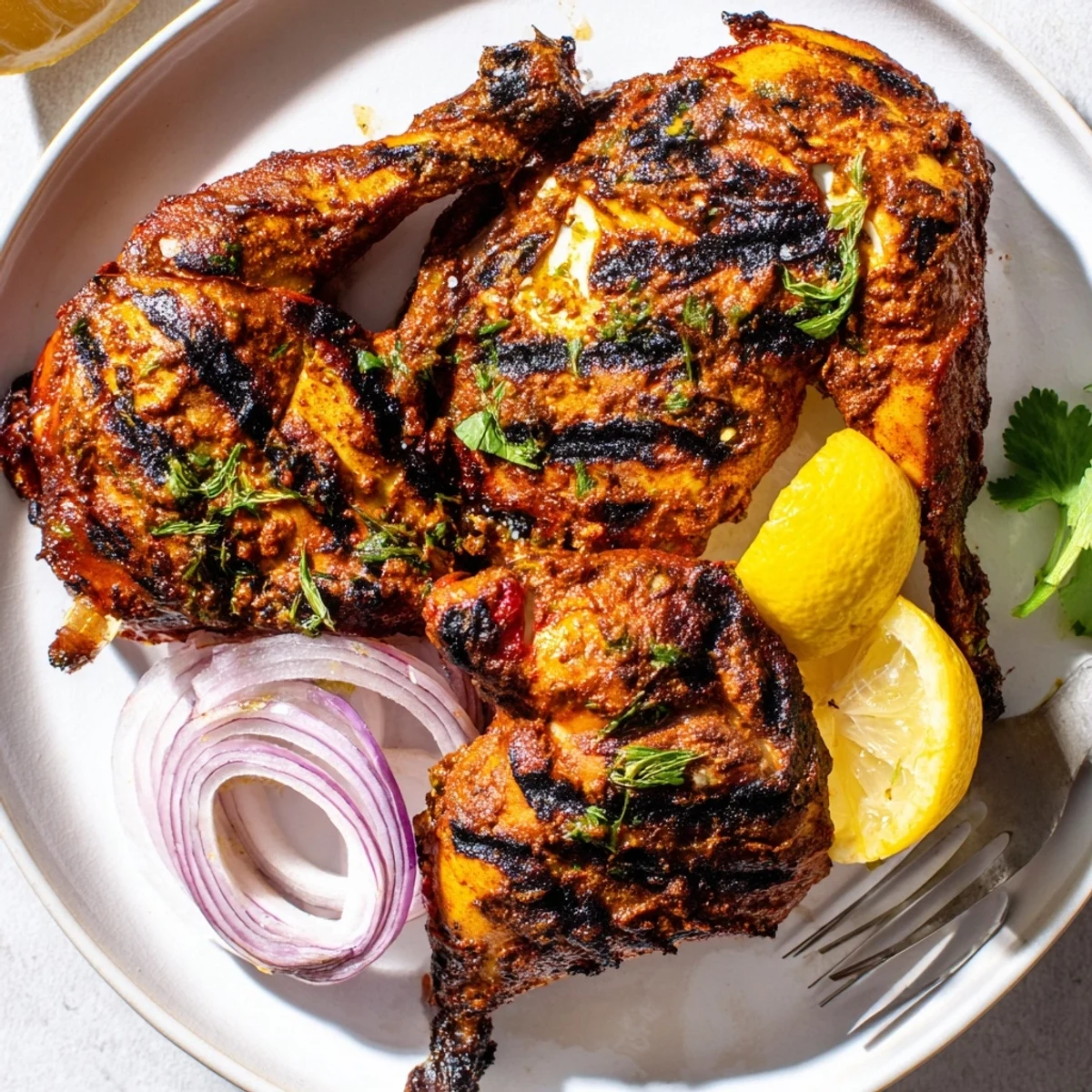 Grilled Spicy Tandoori Chicken served hot with basmati rice and sliced onions