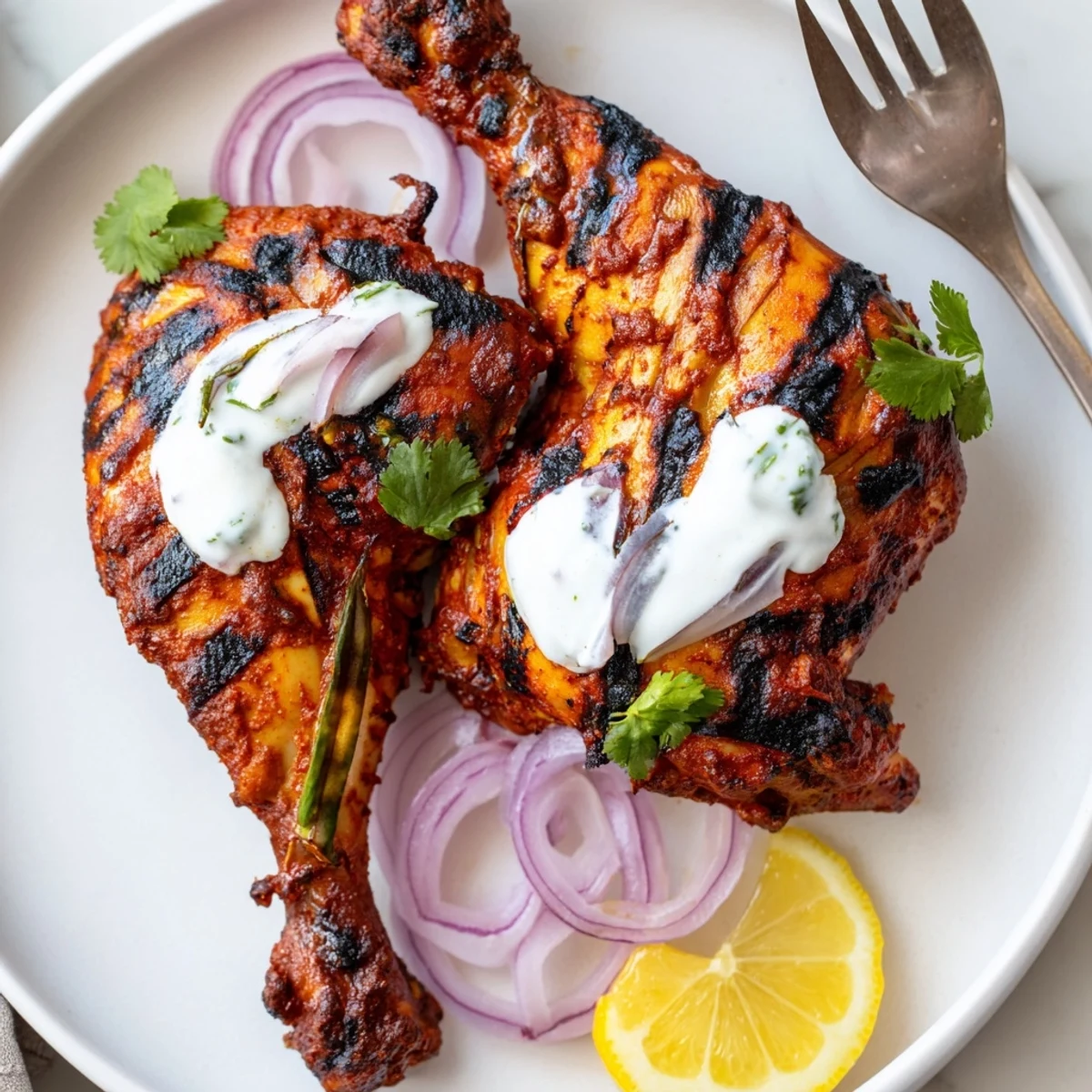 Smoky, charred Grilled Spicy Tandoori Chicken garnished with cilantro and lime wedges