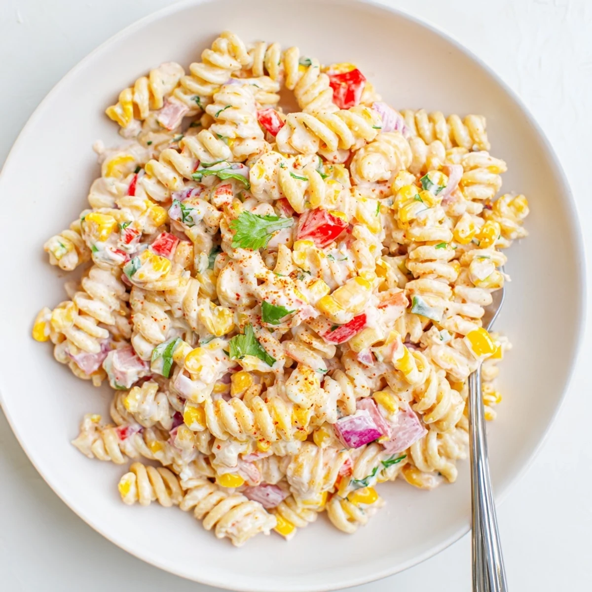 Creamy Street Corn Pasta Salad with charred corn, cotija, and zesty lime