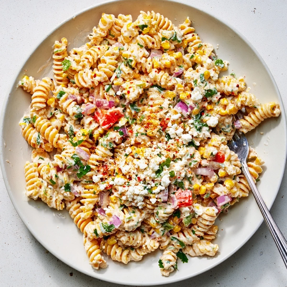 Chilled Creamy Street Corn Pasta Salad tossed with crunchy red pepper and cilantro