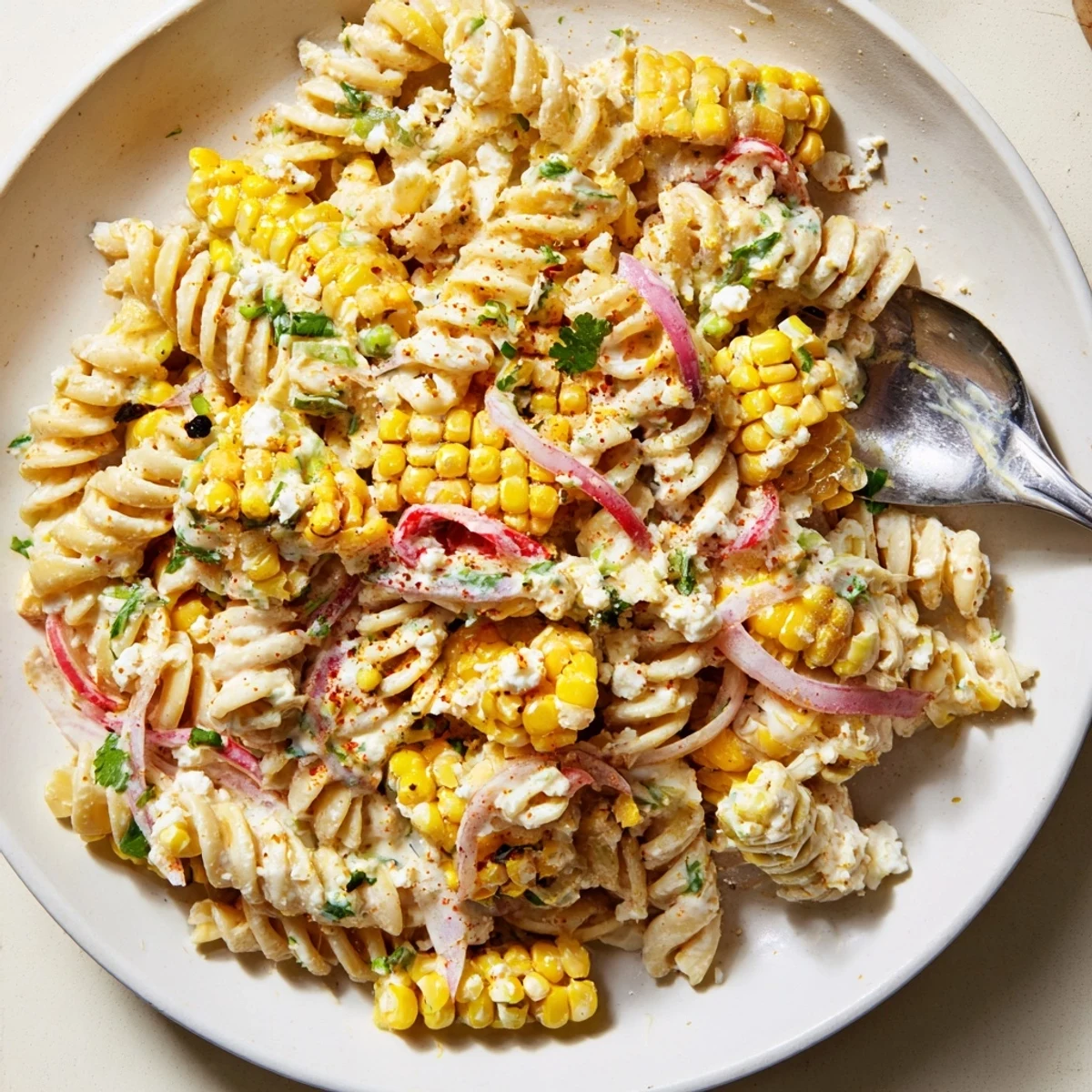 Serving bowl of Creamy Street Corn Pasta Salad, smoky kernels and tangy dressing
