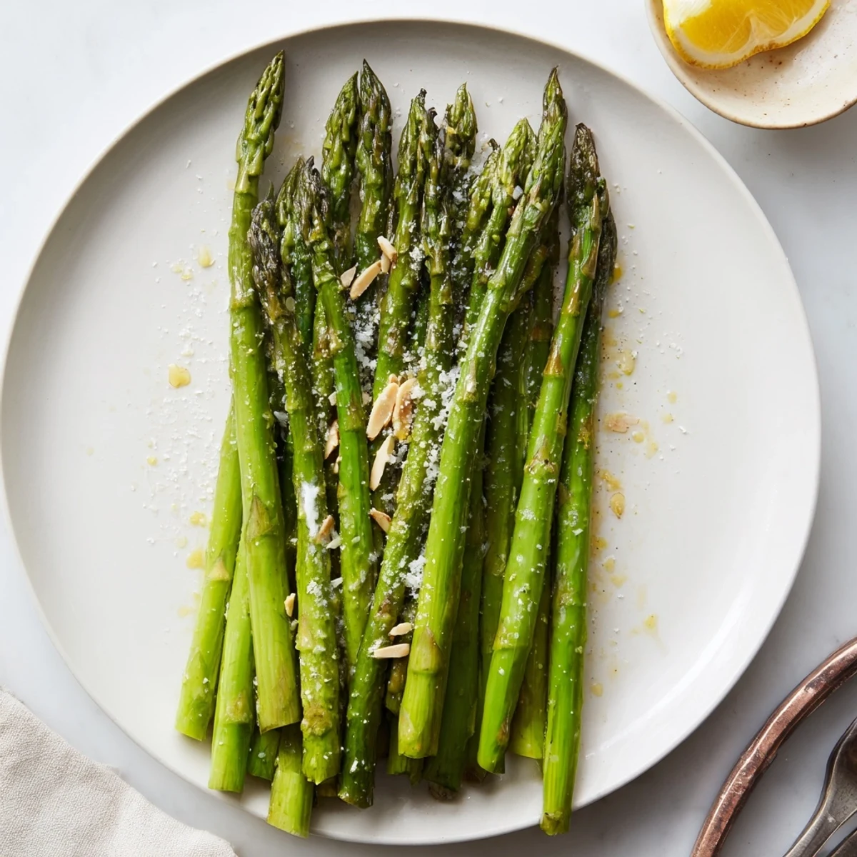 Plate of Steamed Asparagus, vibrant green spears, tender, drizzled with lemon.