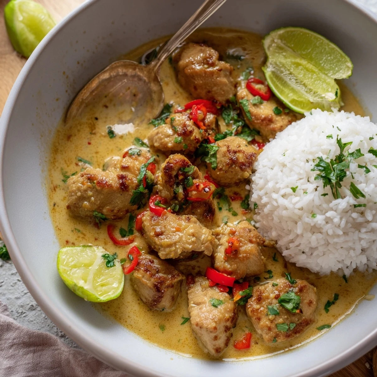 Hearty Spicy Brazilian Coconut Chicken over steamed rice, cilantro and charred peppers