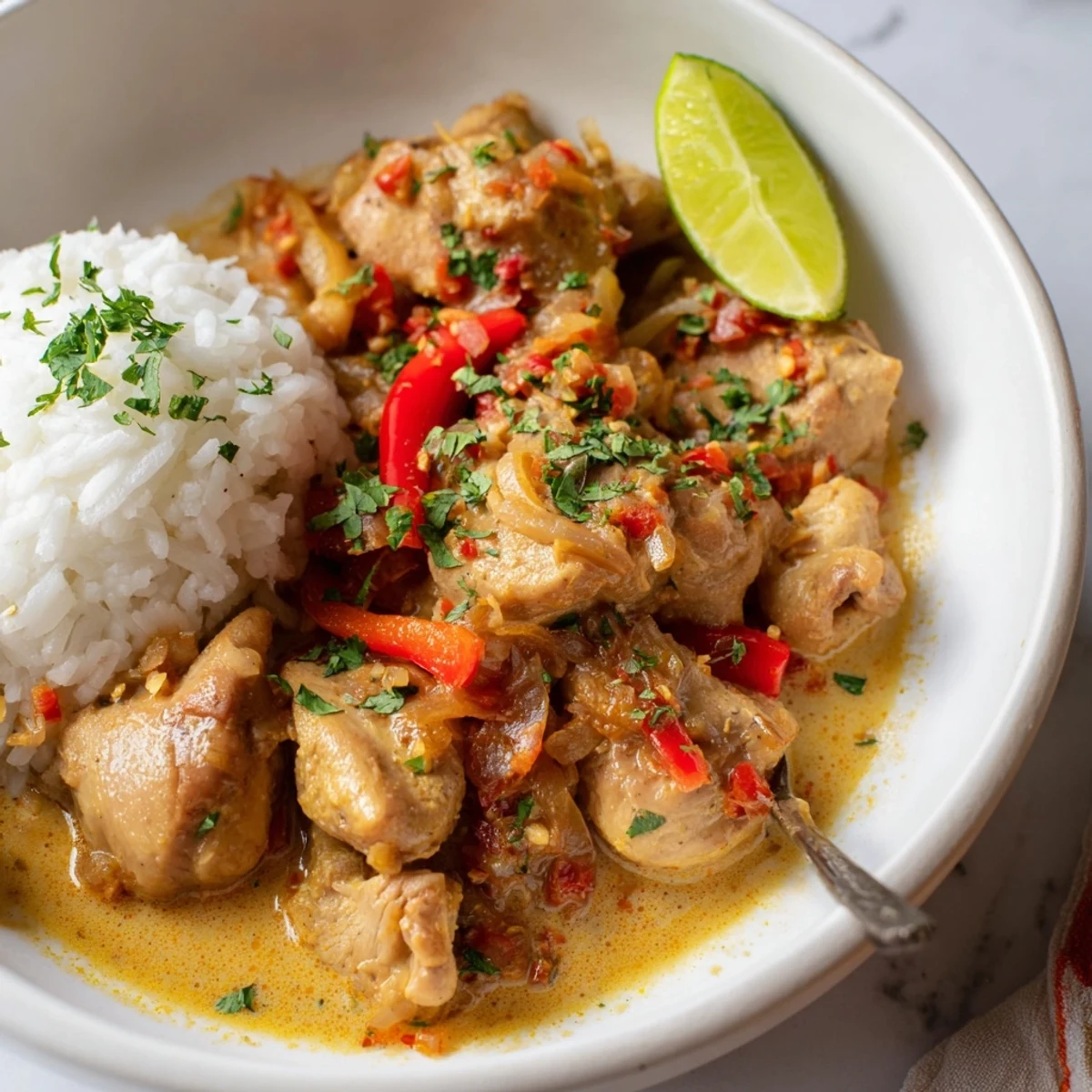Spicy Brazilian Coconut Chicken simmering in creamy sauce with lime wedges