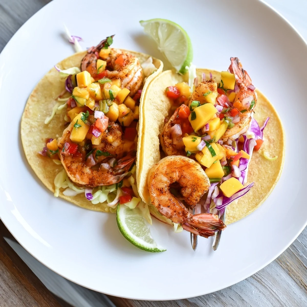 Warm corn tortillas piled with Shrimp Tacos With Mango Salsa and lime