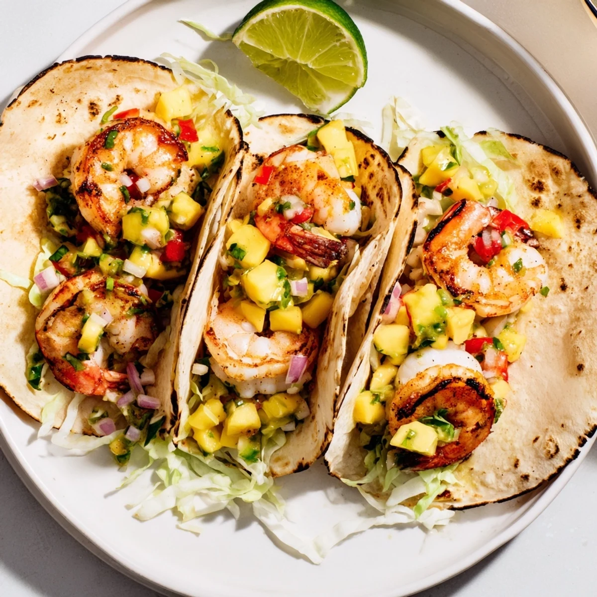 Charred shrimp seasoned smoky in Shrimp Tacos With Mango Salsa, crisp cabbage