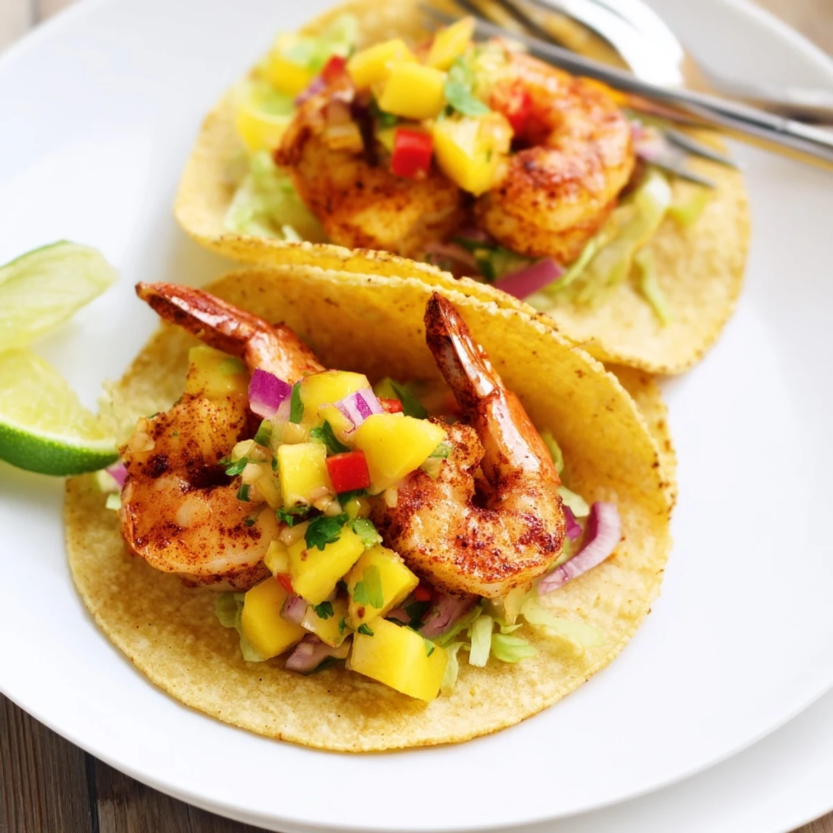 Bright, juicy mango and zesty lime top Shrimp Tacos With Mango Salsa