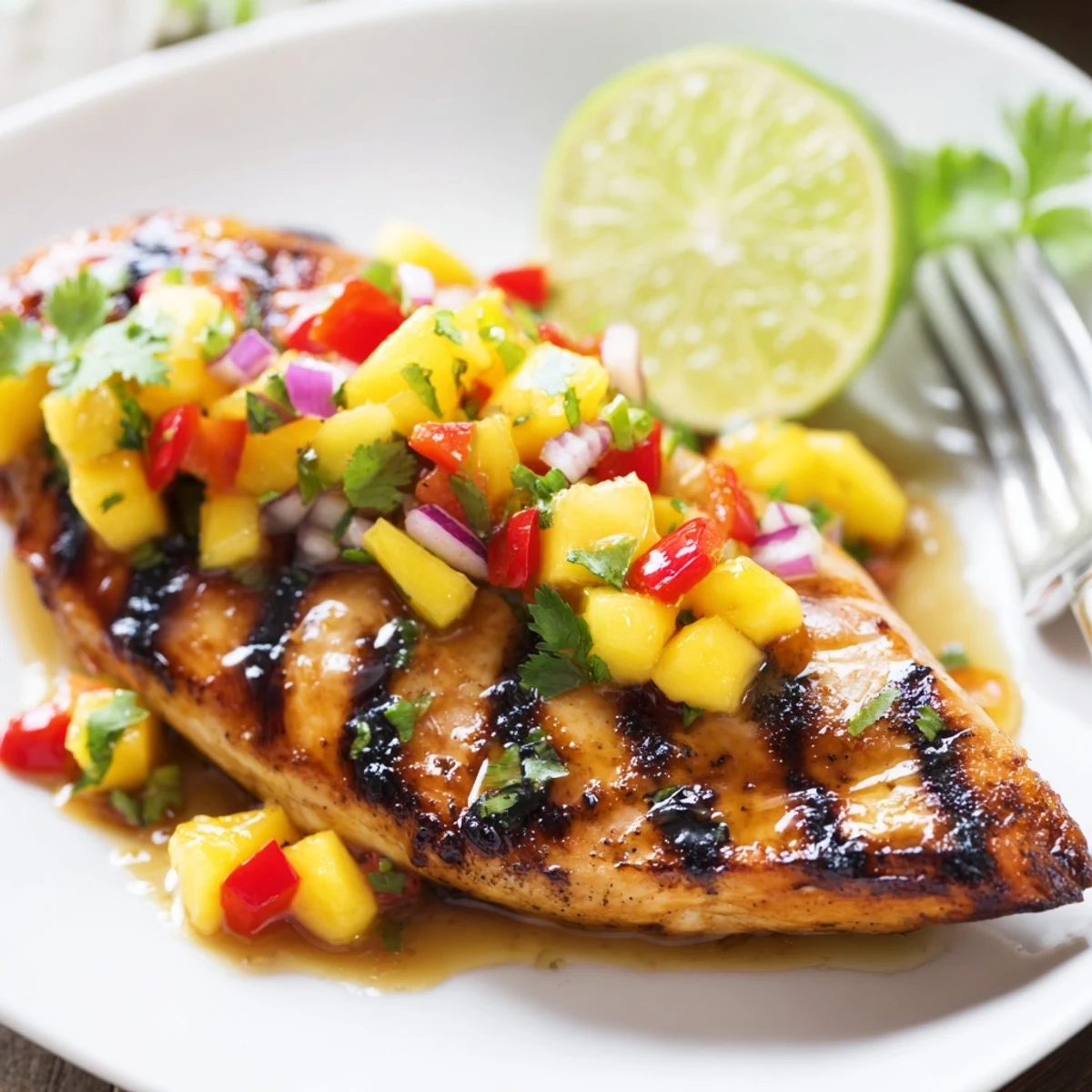 Sliced Honey Lime Chicken With Mango Salsa topped with cilantro, served with lime