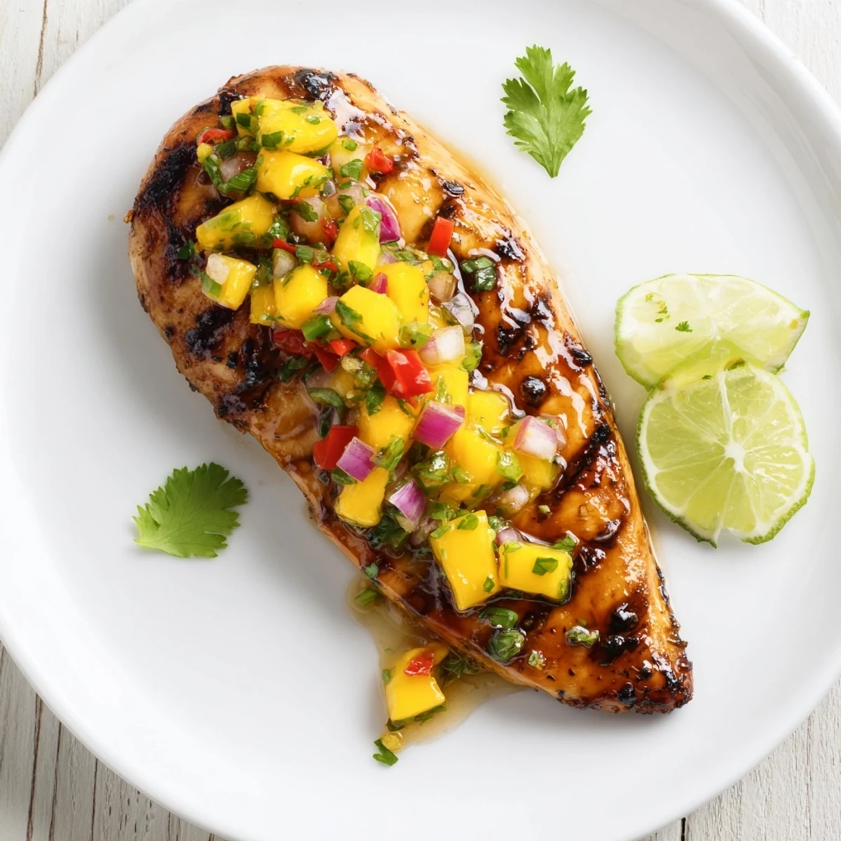 Honey Lime Chicken With Mango Salsa on grilled plate, juicy, golden, bright citrus