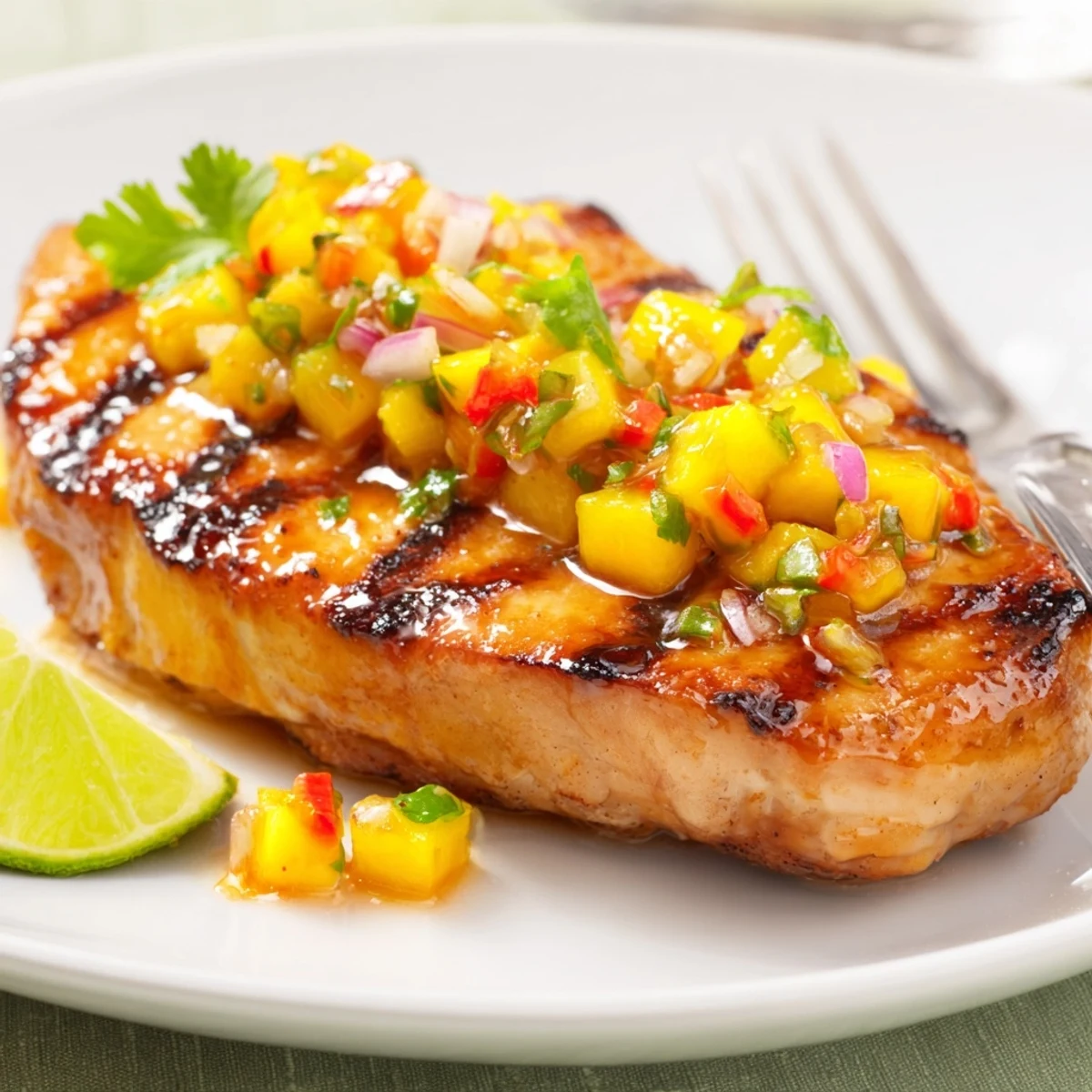 Honey Lime Chicken With Mango Salsa beside rice, vibrant mango, zesty lime aroma