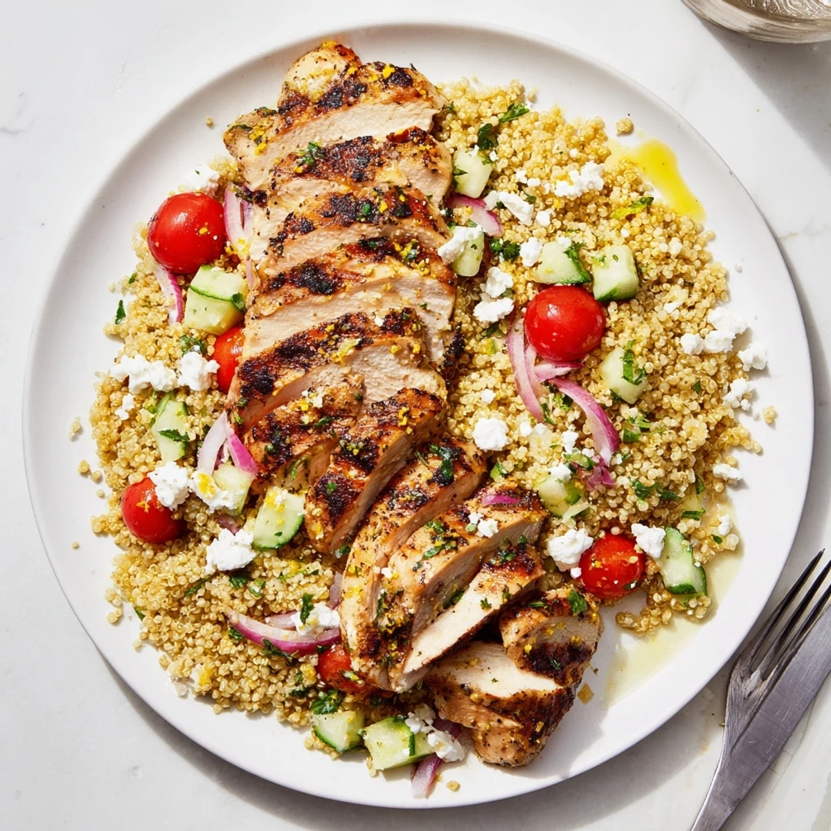 Grilled Lemon Herb Chicken And Quinoa Salad on rustic plate, citrus aroma  