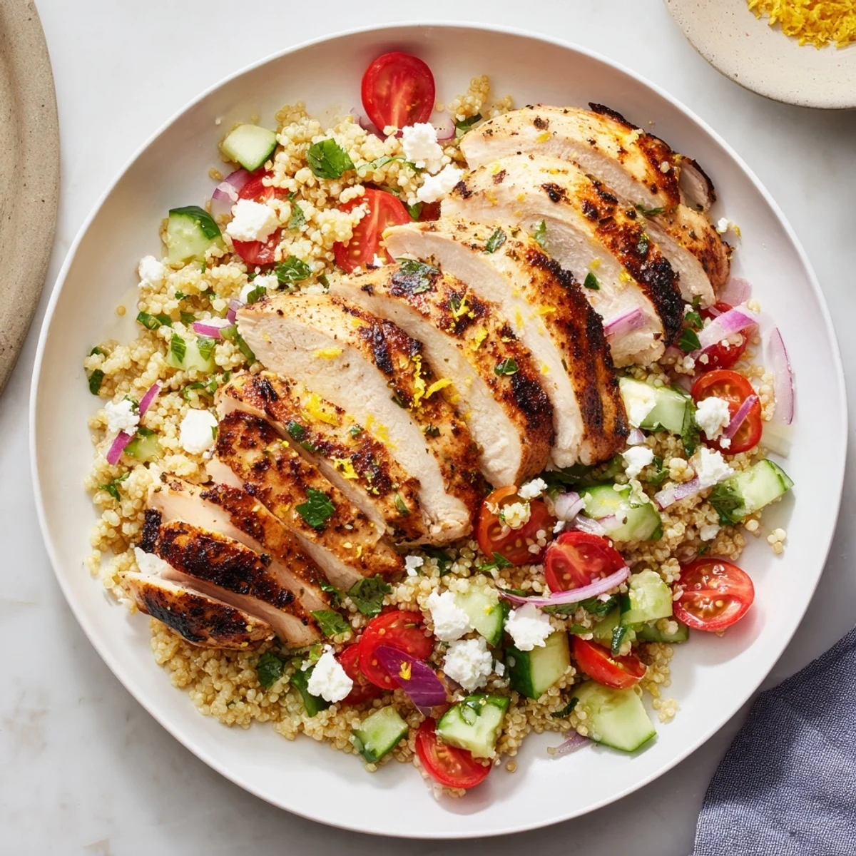 Bright Grilled Lemon Herb Chicken And Quinoa Salad, feta crumbles and herb garnish