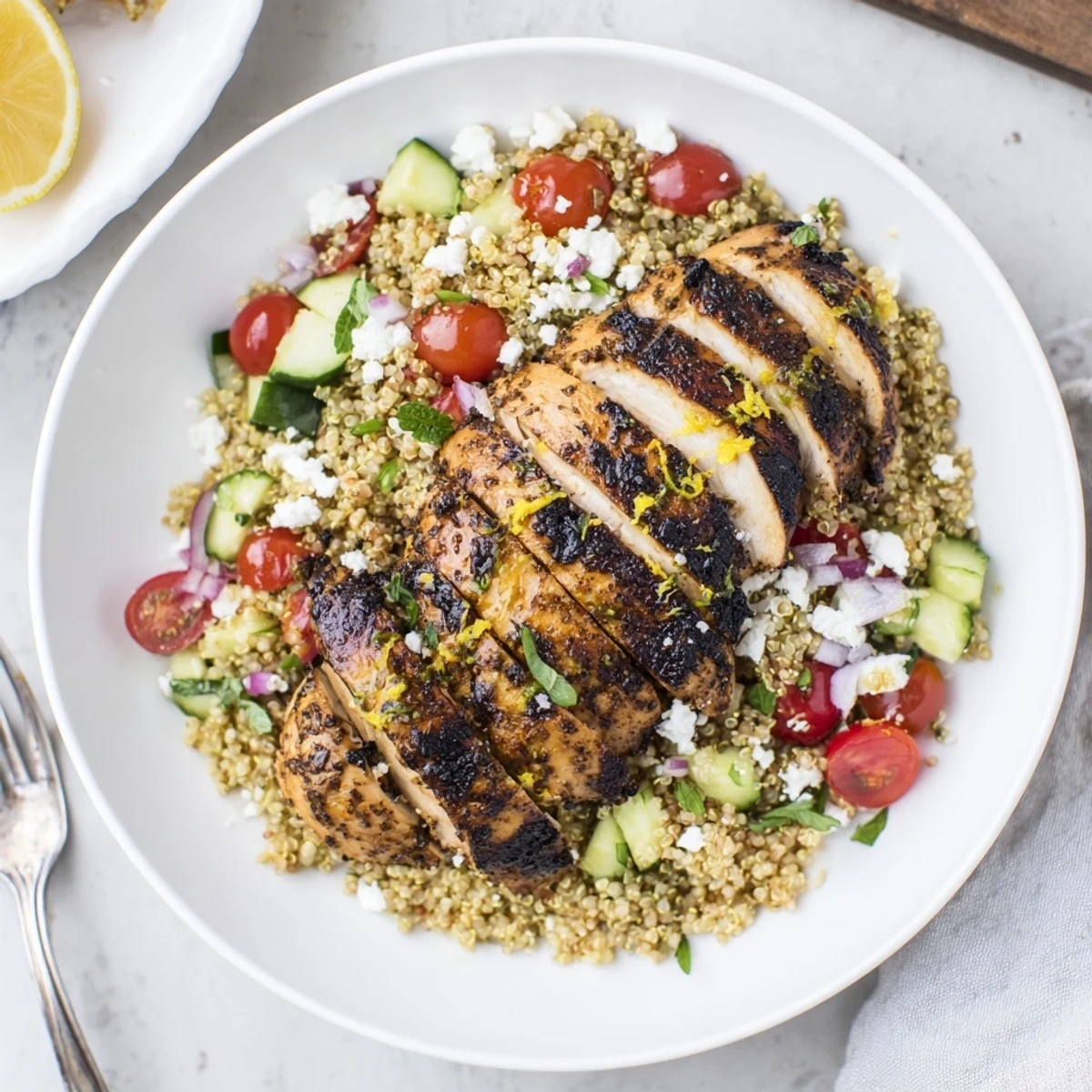 Sliced Grilled Lemon Herb Chicken And Quinoa Salad with crunchy cucumber, zesty dressing  