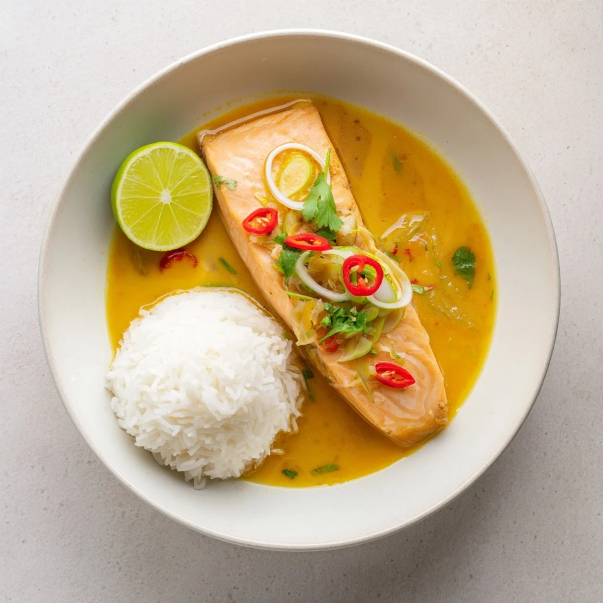 Serve jasmine rice and lime wedges beneath Coconut Lime Poached Salmon Dinner for balance