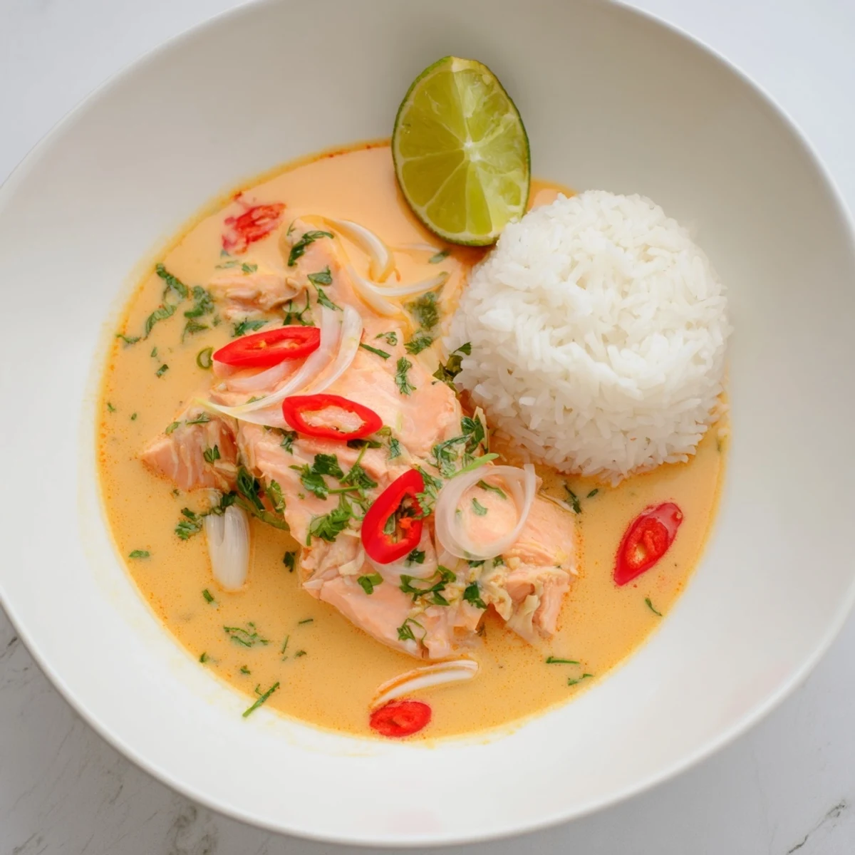 Glistening Coconut Lime Poached Salmon Dinner in creamy coconut broth, garnished with cilantro