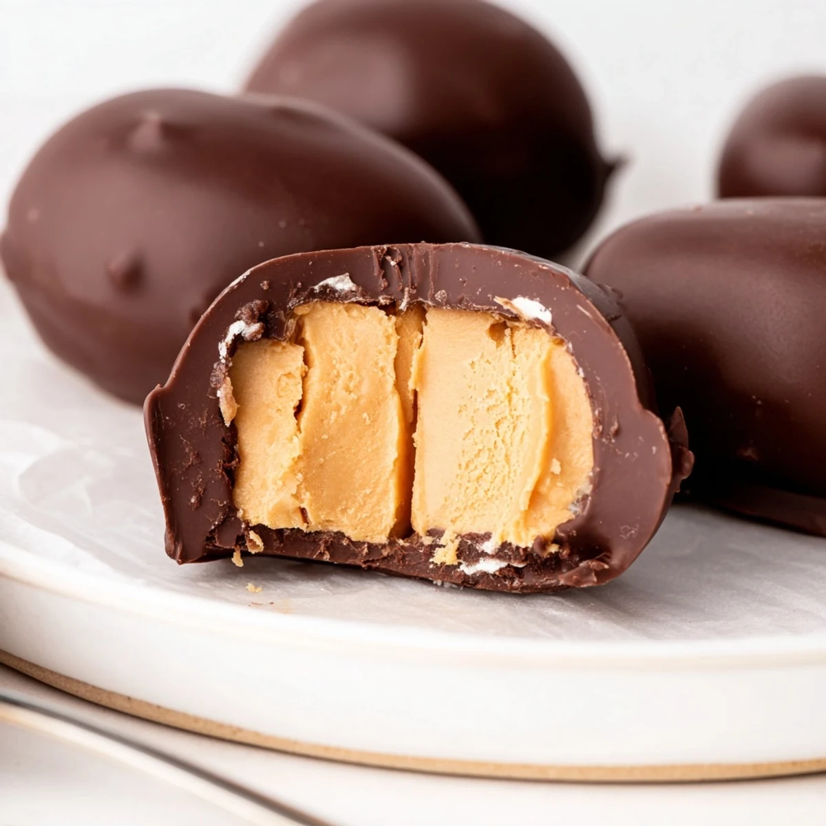 Plump Homemade Peanut Butter Eggs on parchment, creamy centers and crunchy edges