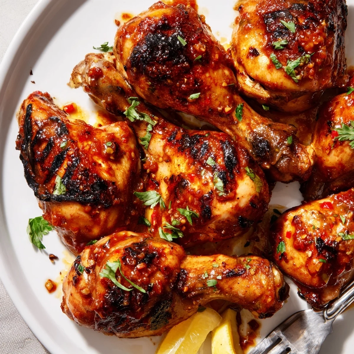 Charred, spicy Peri Peri Chicken glazed and resting with lemon wedges