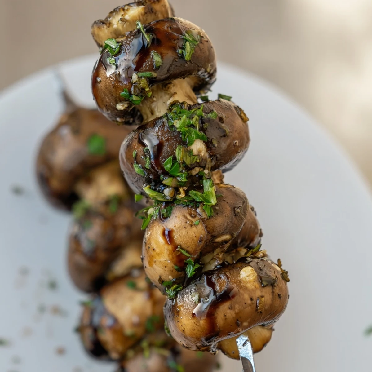 Balsamic Garlic Grilled Mushroom Skewers drizzled with glaze, tender and perfect summer appetizer