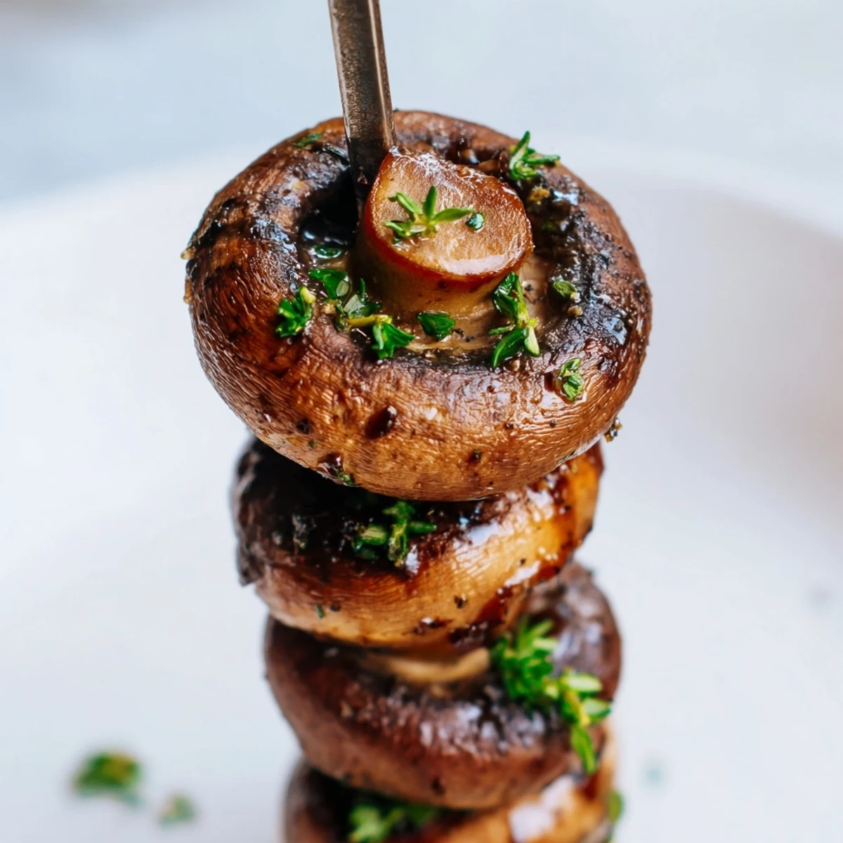 Smoky Balsamic Garlic Grilled Mushroom Skewers threaded over charred grill, garnished with parsley