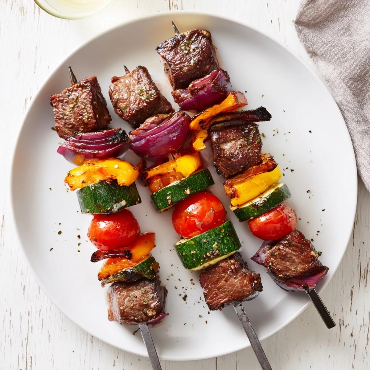 Juicy Steak Kebabs With Savory Marinade For Summer Grilling sizzling with charred vegetables